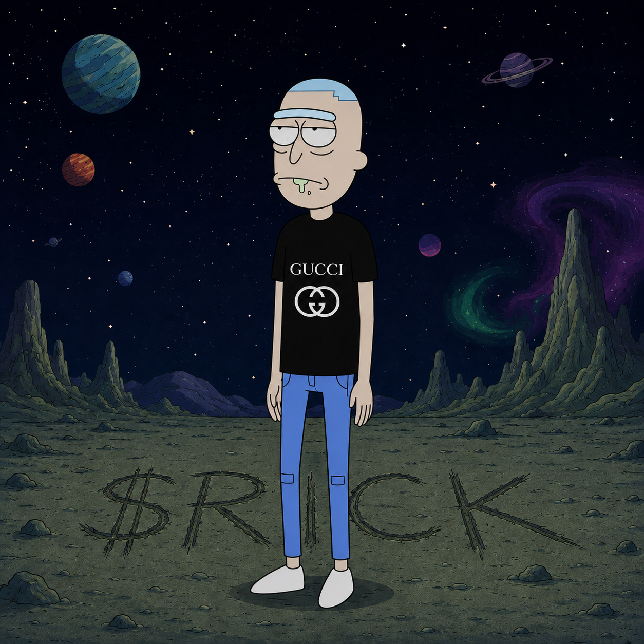 $RICK — a Gucci-wearing interdimensional traveler standing on an alien planet